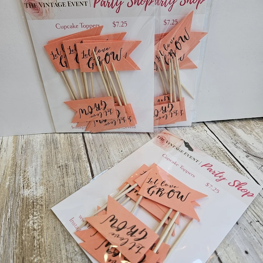 36 Coral, LET LOVE GROW Cupcake Toppers